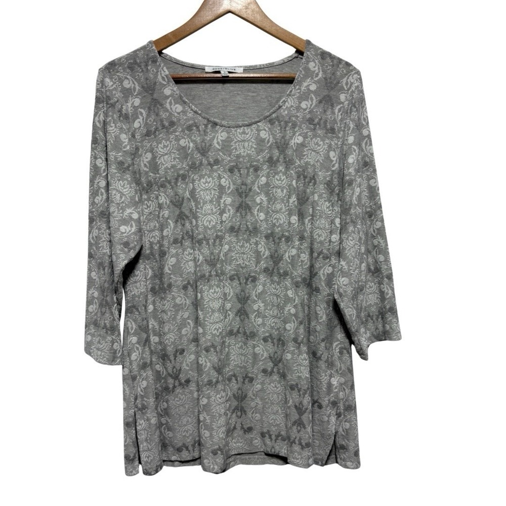 Rose Olive Tunic Womens 1X Gray Floral Stretch Knit 3/4 Sleeve